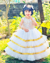 Elegant Sequin Bodice Sleeveless Frock with Net Frills & Gota Work Border – Perfect for Pageants, Parties & Weddings