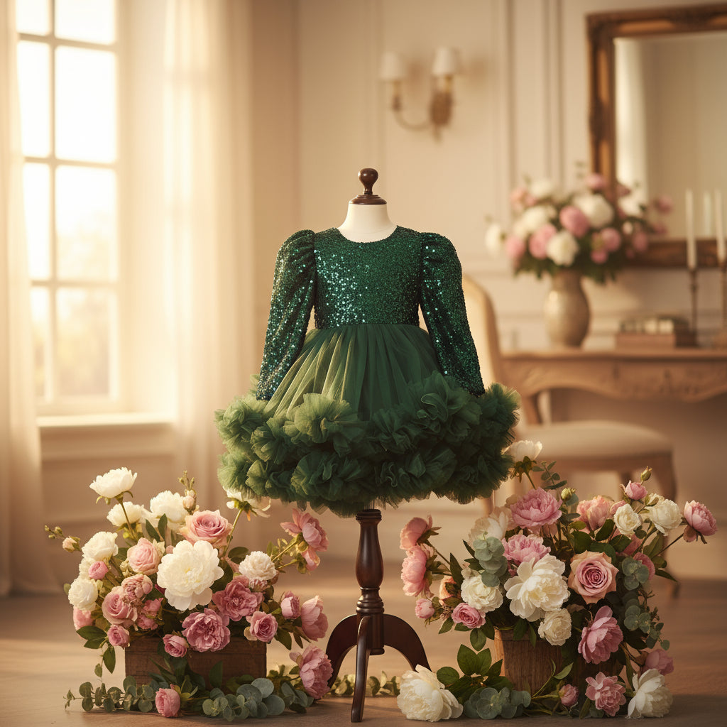 A green knee-length sequin frock with puff sleeves and a big back sequin bow.
