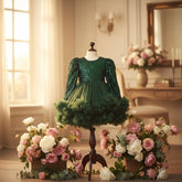 A green knee-length sequin frock with puff sleeves and a big back sequin bow.