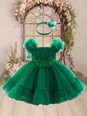 Girls’ Frilled Top Mesh Pageant Dress – Knee Length with Multi Frills & Elegant Front Bow