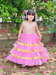 Elegant Sequin Bodice Sleeveless Frock with Net Frills & Gota Work Border – Perfect for Pageants, Parties & Weddings
