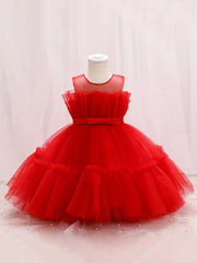 Girls’ Sleeveless Mesh Pageant Dress – Knee Length with Multi Frills & Elegant Front Bow