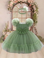 Girls’ Frilled Top Mesh Pageant Dress – Knee Length with Multi Frills & Elegant Front Bow