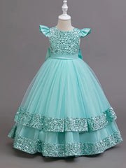 Girls Sequin Pageant Dress with Butterfly Sleeves – Full-Length Maxi Frock with Back Bow (Ages 1–12) | Eid, Wedding & Birthday Outfit