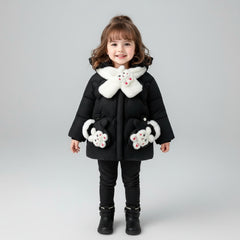 Children's black coat with white fur trim and cartoon character design