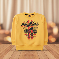 Yellow sweatshirt with 'New York' and motorcycle graphic.