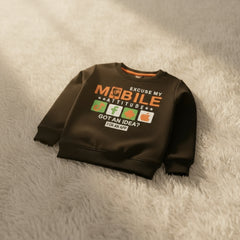 Black sweatshirt with text and app icons.