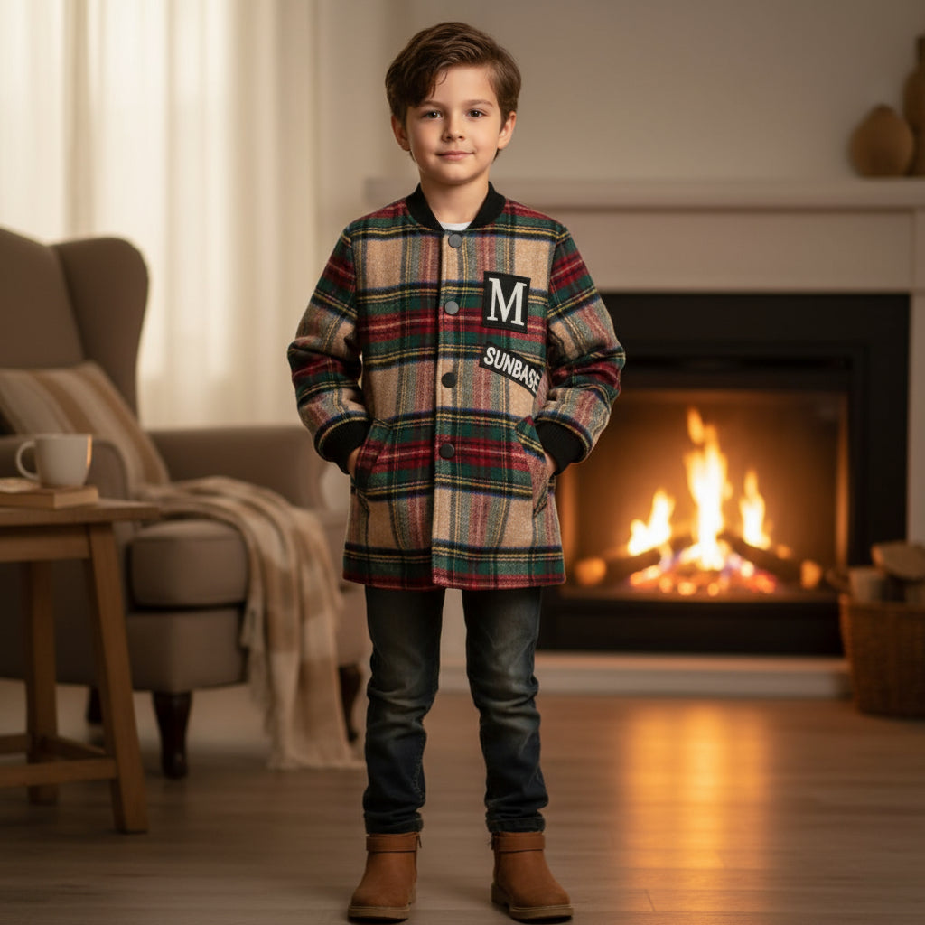 A multicolor wool coat with a plaid pattern, featuring a 'Sunbase' logo on the chest.