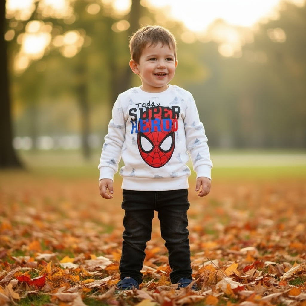 A white fleece sweatshirt with full sleeves and a round neck. It features a graphic of Spider-Man and the text 'TODAY IS SUPER HERO' in blue and red colors.