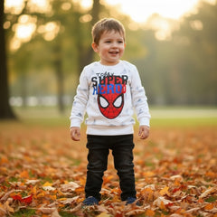 A white fleece sweatshirt with full sleeves and a round neck. It features a graphic of Spider-Man and the text 'TODAY IS SUPER HERO' in blue and red colors.