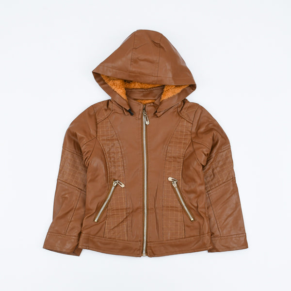 A brown leather jacket with a hood, featuring a zipper up front and a mock neckline.