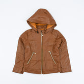 A brown leather jacket with a hood, featuring a zipper up front and a mock neckline.