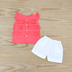 Girls 2 Piece Front Ruffle Shirt Shorts Set