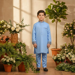 Boy's waistcoat kurta shalwar dress in sky blue color.