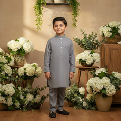 Boy's waistcoat kurta shalwar dress in gray color.