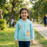 A hooded girls sweatshirt with blue and white stripes, featuring a glitter lining, a coffee cup, and a mouse character design on the front.