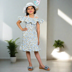 Off Shoulder Ruffle Floral Print Girl Summer Frock With Hat