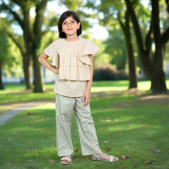 Flutter Sleeves Front Frilled Top and Straight Pants 2 Piece Girl Dress Set
