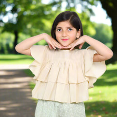 Flutter Sleeves Front Frilled Top and Straight Pants 2 Piece Girl Dress Set