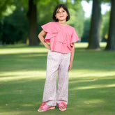 Flutter Sleeves Front Frilled Top and Straight Pants 2 Piece Girl Dress Set