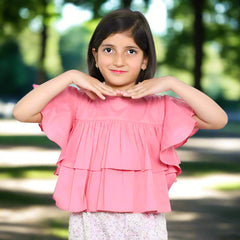 Flutter Sleeves Front Frilled Top and Straight Pants 2 Piece Girl Dress Set