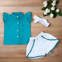 Flutter Sleeves Girls 3 Piece Top, Shorts Headband Set