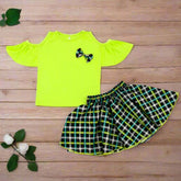 Cold Shoulder Top & Checkered Skirt 2 Piece Girl Dress Set