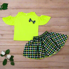 Cold Shoulder Top & Checkered Skirt 2 Piece Girl Dress Set
