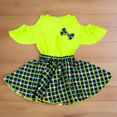 Cold Shoulder Top & Checkered Skirt 2 Piece Girl Dress Set