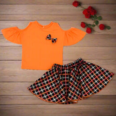 Cold Shoulder Top & Checkered Skirt 2 Piece Girl Dress Set