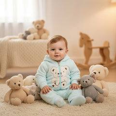 A baby girl teddy bear super warm winter dress in blue.