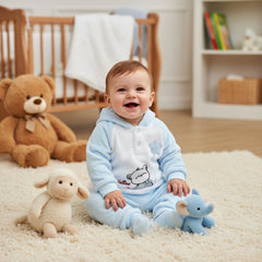 A baby girl and boy 2 piece outfit with blue color, consisting of a hooded shirt with a bear design and cuffed legs, and matching pants.