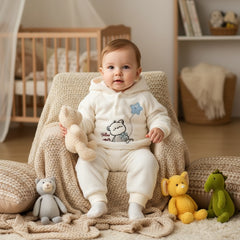 A baby girl two-piece outfit with a hood and pants, featuring a white color scheme with a blue bear and a balloon graphic.