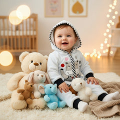 A baby girl and baby boy two-piece outfit with a hood, featuring a playful hippo design on a sky blue background.