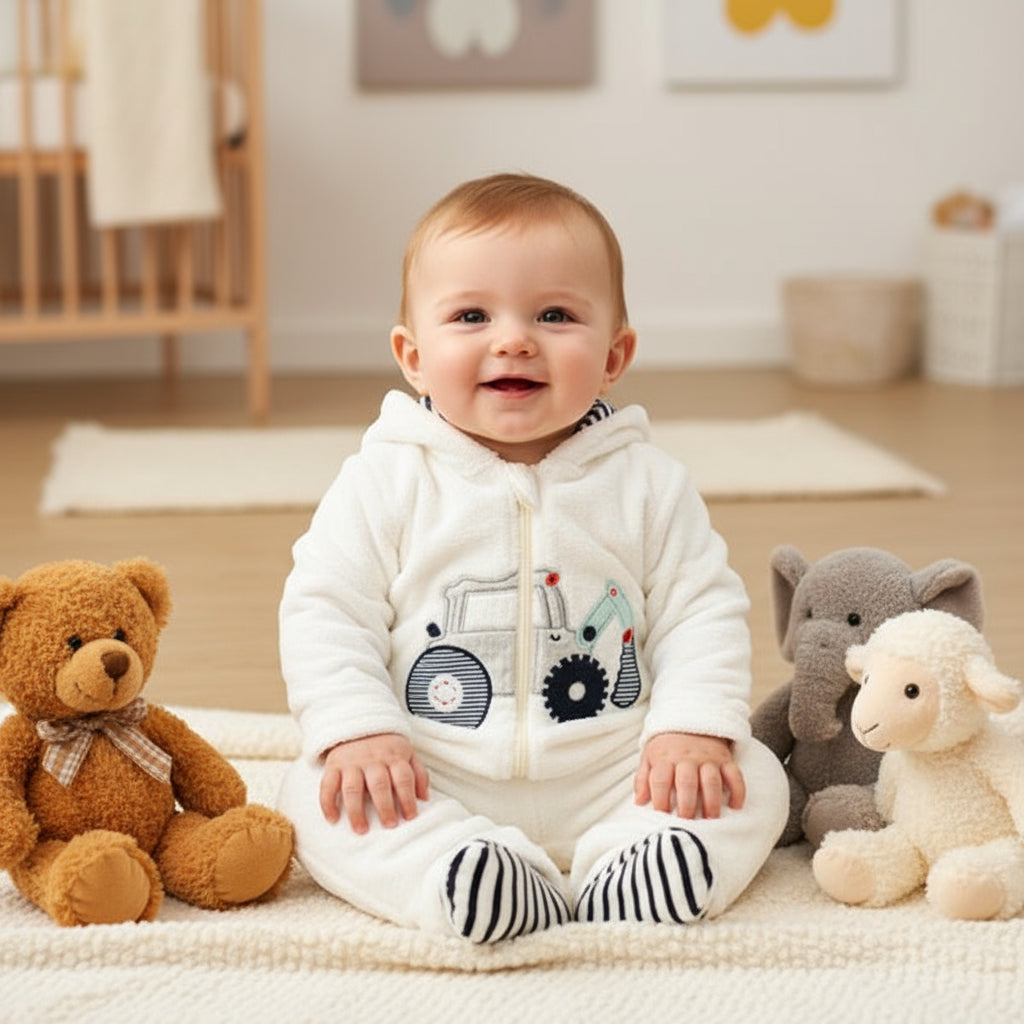 A baby girl and baby boy two-piece outfit set with a hooded jacket and pants. The jacket features a design with a bike and gears on it, and the pants have a striped pattern on the legs.