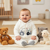 A baby girl and baby boy two-piece outfit set with a hooded jacket and pants. The jacket features a design with a bike and gears on it, and the pants have a striped pattern on the legs.