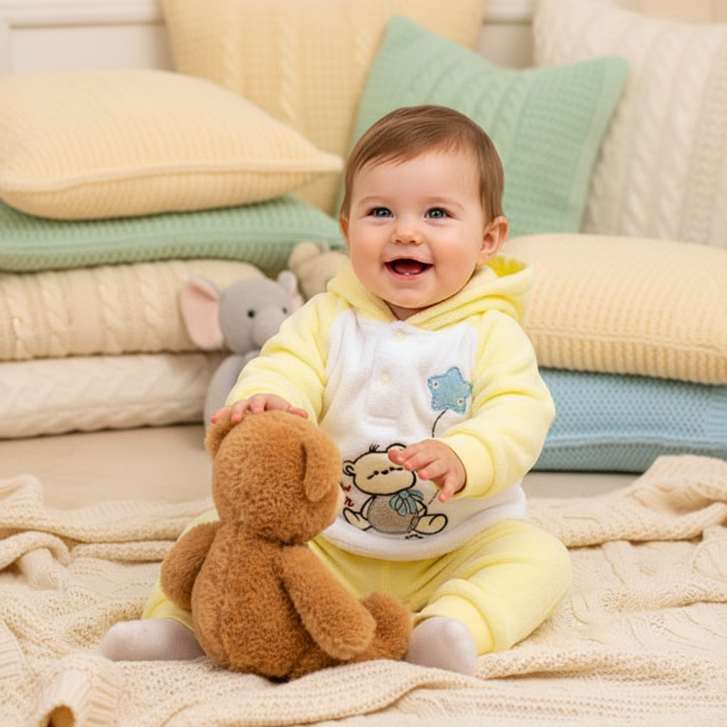 A two-piece baby outfit in yellow, consisting of a hooded jacket with a character and a blue balloon on it, and matching pants.
