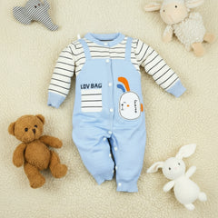 Baby outfit with blue overalls and striped shirt