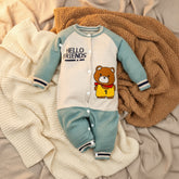 Infant romper with full sleeves and legs, featuring a 'Hello Friends' text and a cartoon bear design