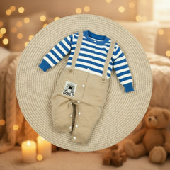 A baby romper with full sleeves and legs, striped in blue and white, with a brown base and a visible brand tag on the leg.