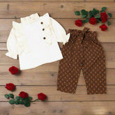 Coffee Bean Ruffle Trim Flounce Sleeves Top With Belted Trouser