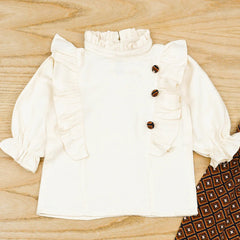 Coffee Bean Ruffle Trim Flounce Sleeves Top With Belted Trouser