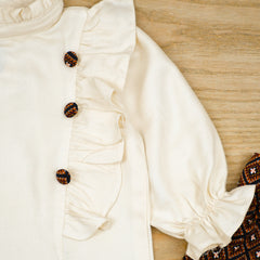 Coffee Bean Ruffle Trim Flounce Sleeves Top With Belted Trouser
