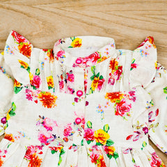 Roses Glow Pleated Ban Neck Ruffle Frock