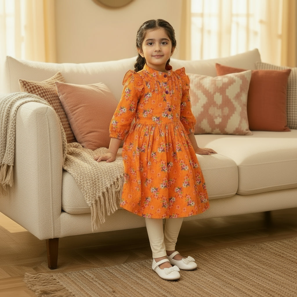 An orange floral sequin dress with long sleeves and a ruffled skirt.