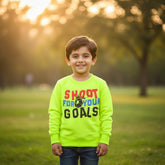 A yellow boys' winter sweatshirt with text and a soccer ball graphic on the front.