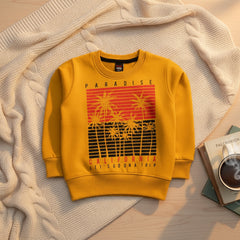 Yellow sweatshirt with 'Paradise California' text and palm tree design.
