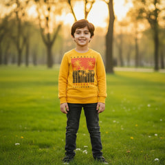 A yellow sweatshirt with a tropical beach design and the text 'CALIFORNIA' and 'LET'S GO ON A AIR TRIP'.