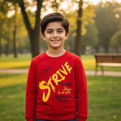 A red winter sweatshirt with the word 'STRIVE' printed in yellow on the front, along with the text 'Challenges to be better' and a graphic of an airplane.