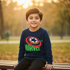 Navy blue sweatshirt with 'The First Avenger Marvel' text and a star logo in green and white.